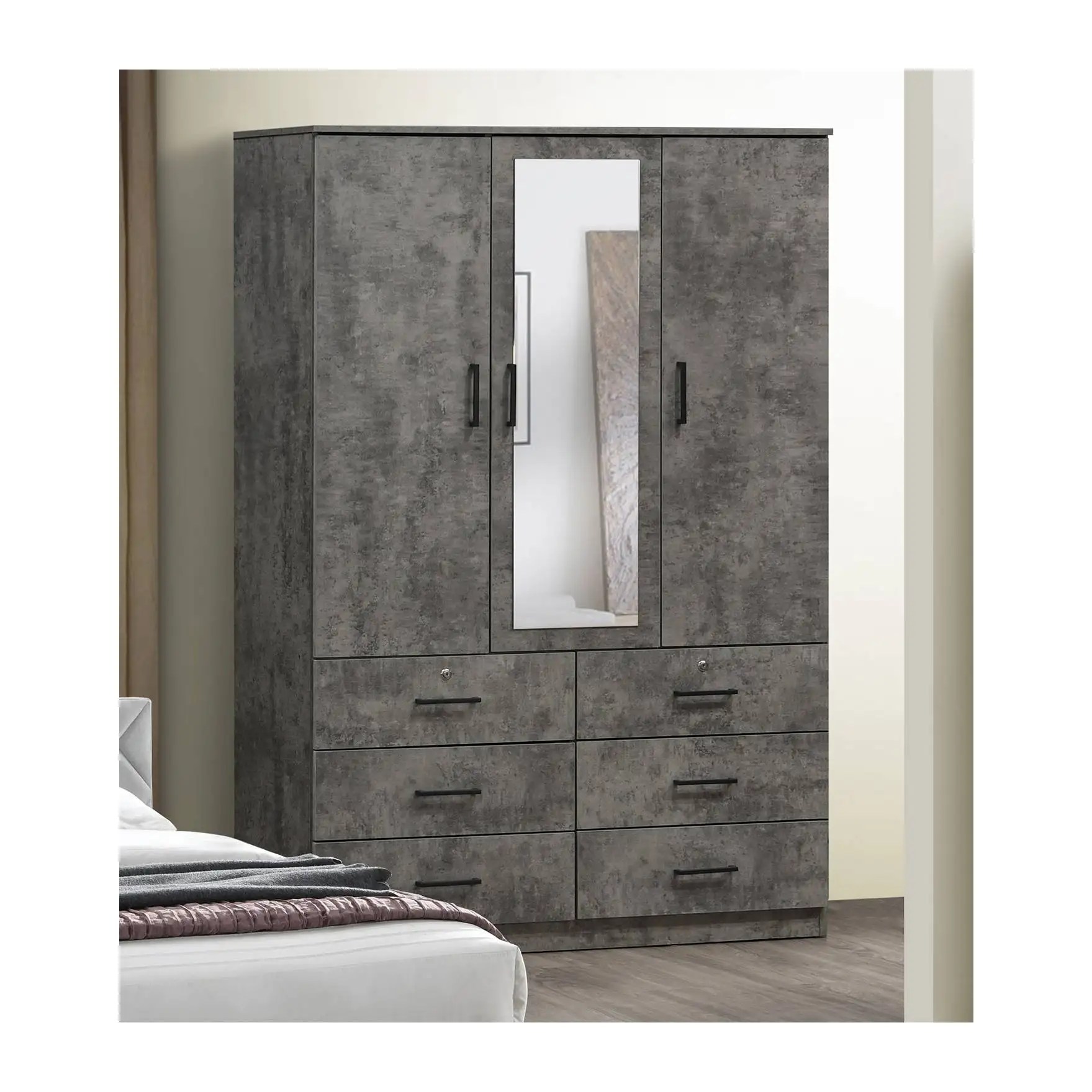 Malaysia Ready For Export Wardrobe With Mirror 3 Doors 6 High Capacity