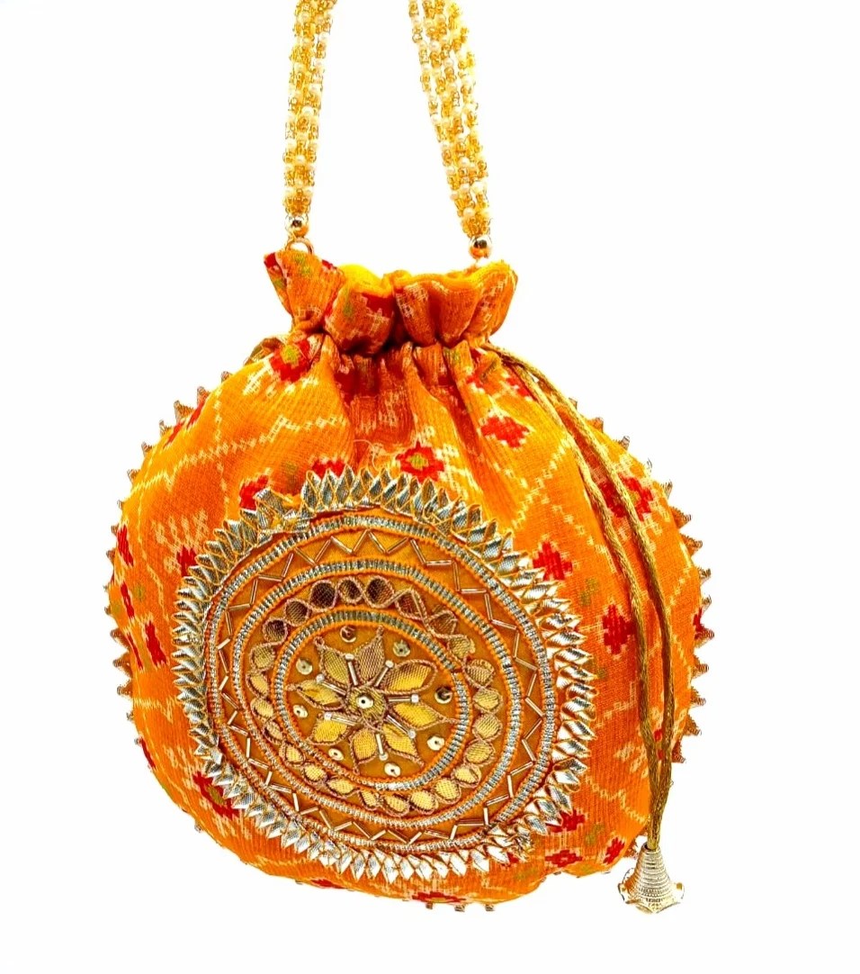Wedding Hand Crafted Patola Print Potli With Gota Patch Bag With Beaded