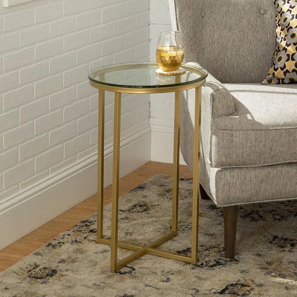 Modern Luxury Small Gold Glass Round Side End Table With Glass Top
