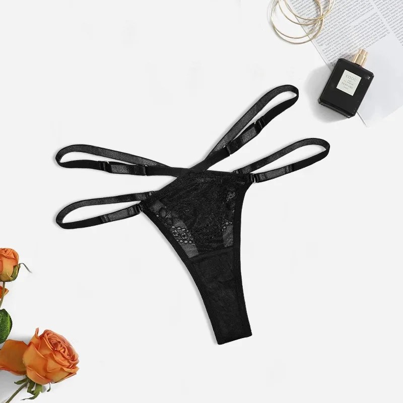 Custom Low Rise Cotton Crotch Lingerie Ring Buckle Cross Striped Black