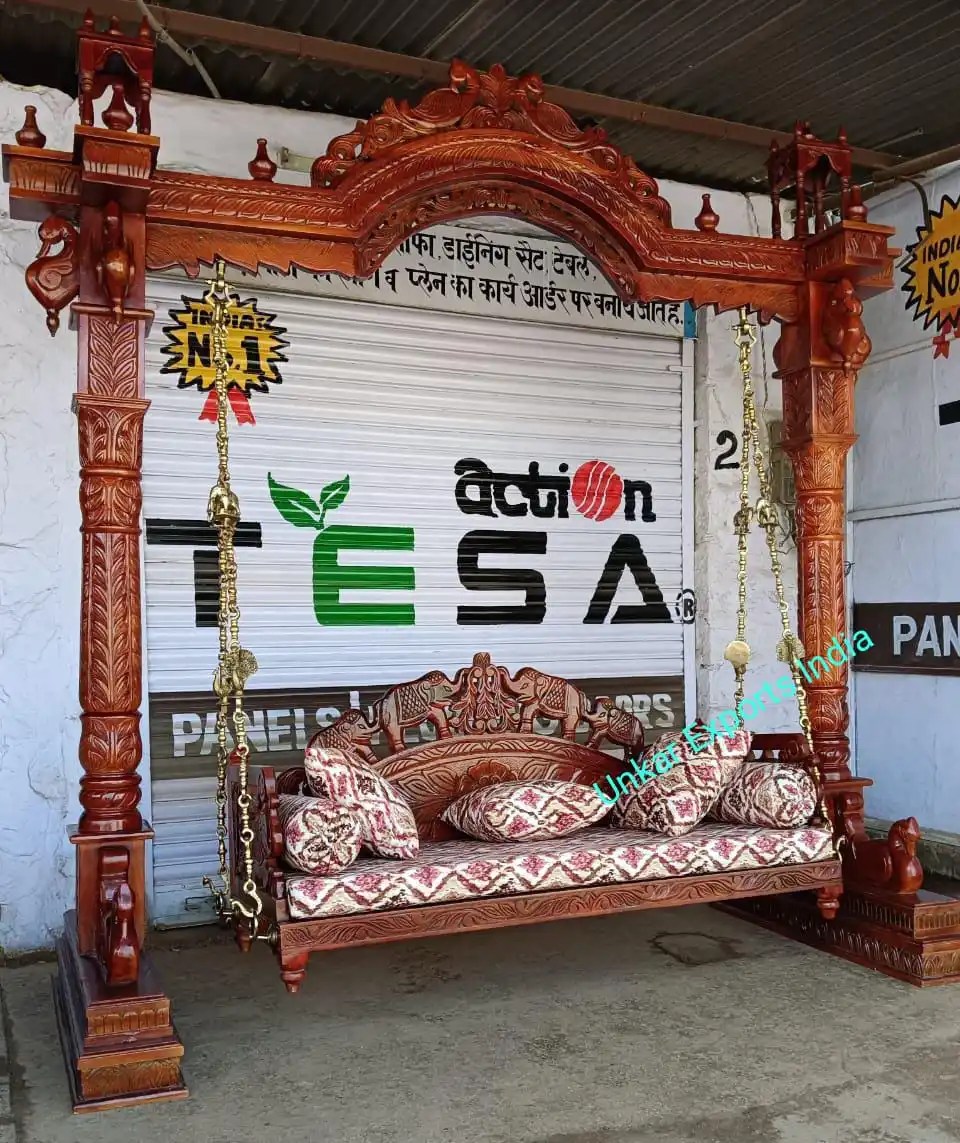 Handcrafted Solid Teak Wood Swing Indoor Jhula. Indian Vintage