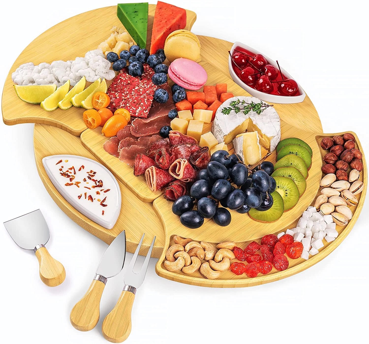 Large Round Cheese Board And Knife Set Charcuterie Board,Bamboo