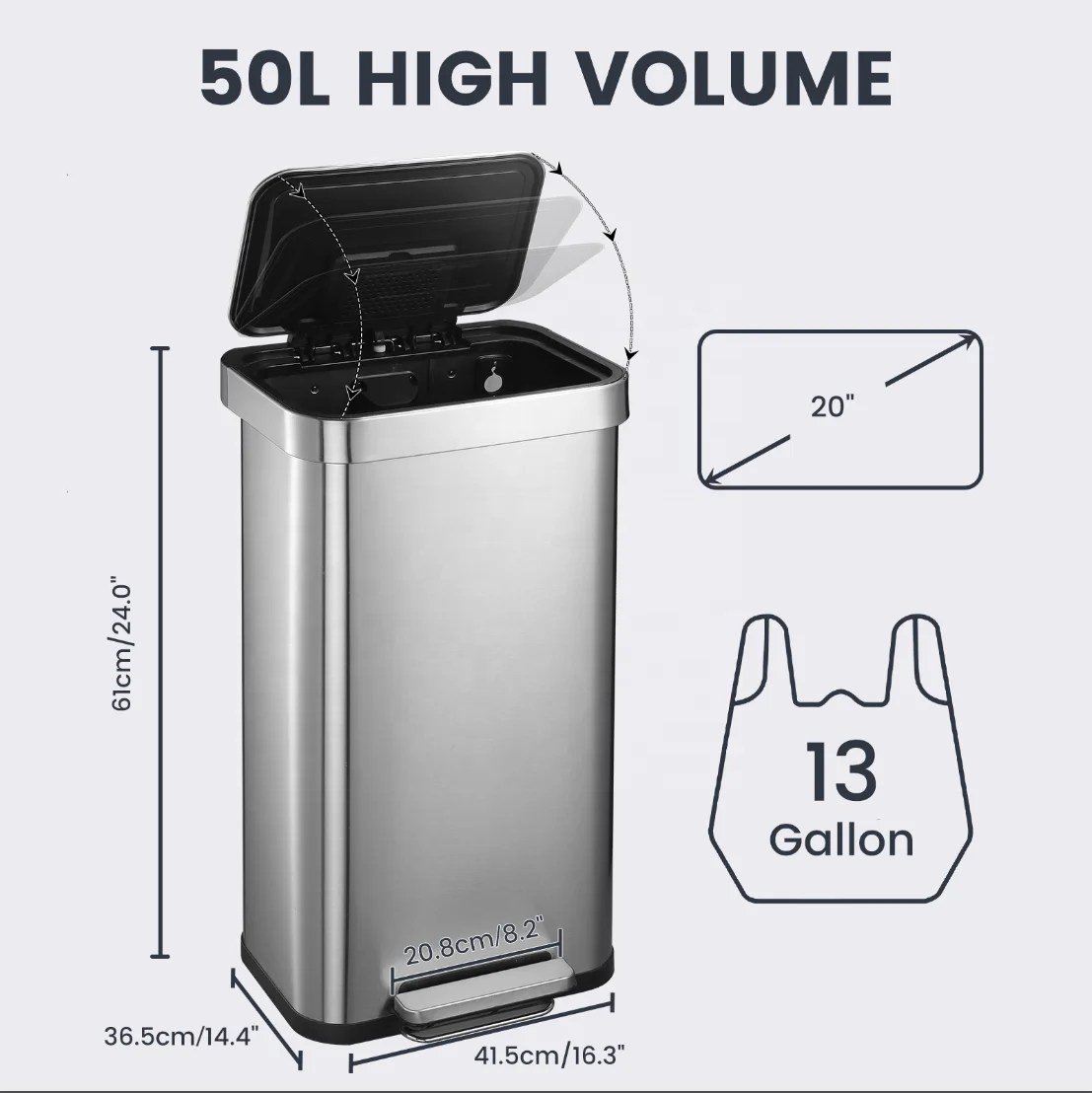 50l Stainless Steel Foot Pedal Trash Can With Soft Close Lid Anti