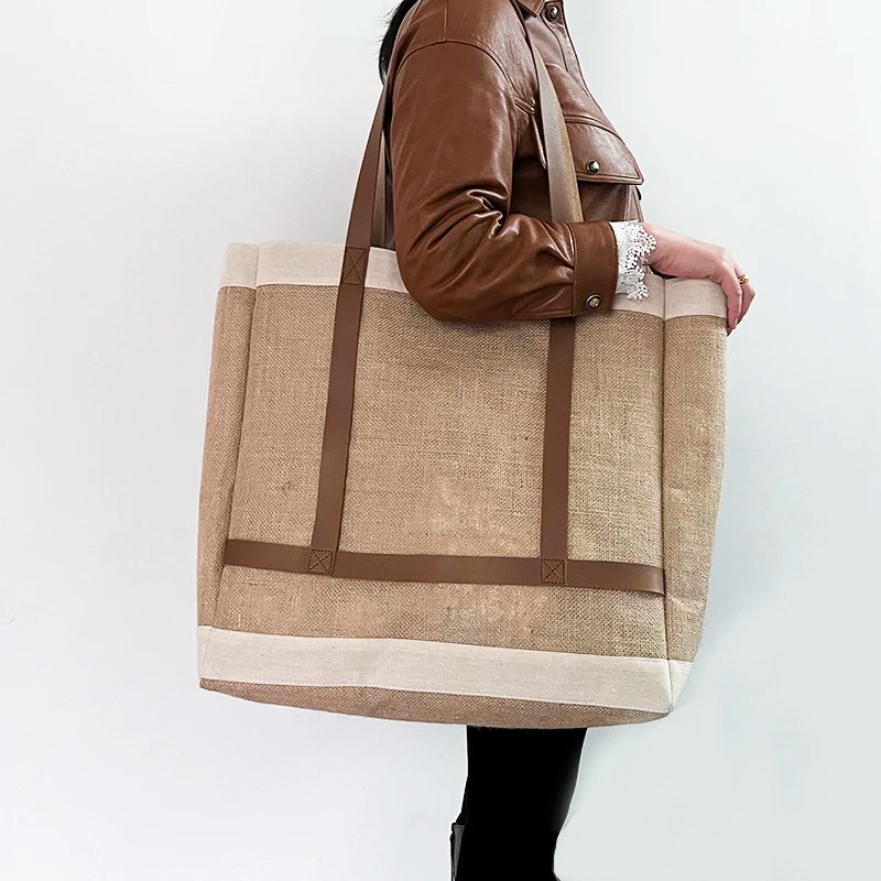 Large Waterproof Jute Beach Tote Bag With Leather Handle Pocket Custom