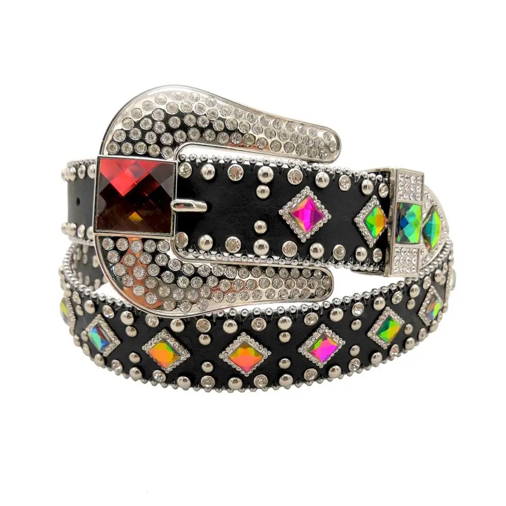 Womens Western Black Studded Belt Bling Colorful Crystal Diamond