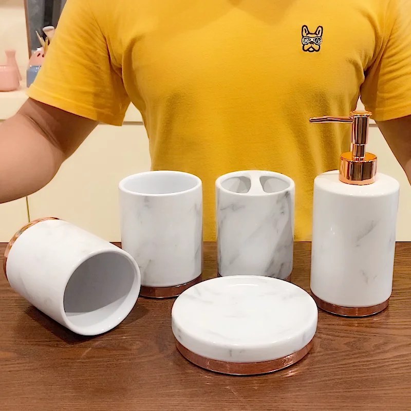 Hotel Rose Gold Metal Base Ceramic Bathroom Accessories Whit Marble