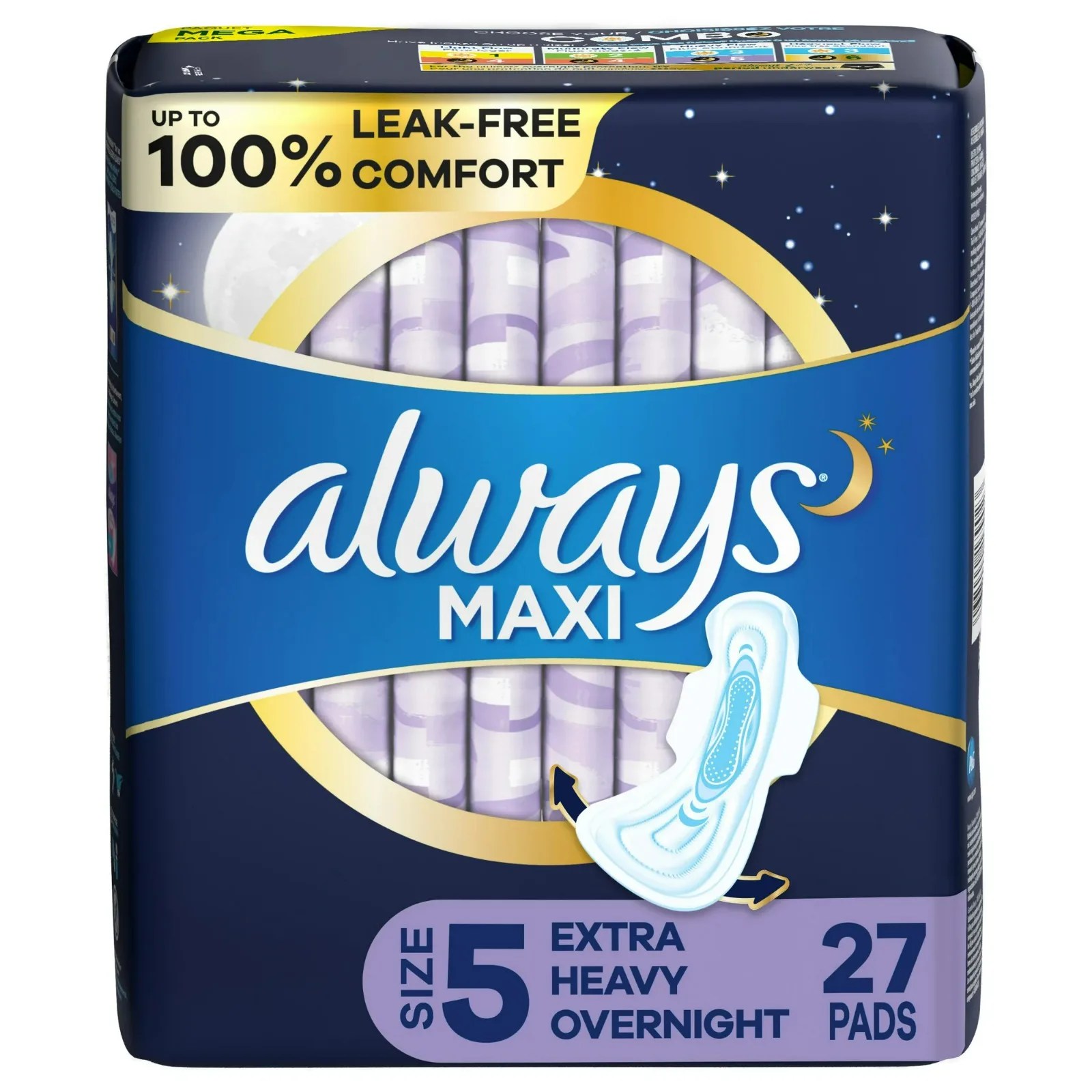 Always Maxi Pads Unscented With Wings,Overnight Absorbency,Size 5,27 Ct