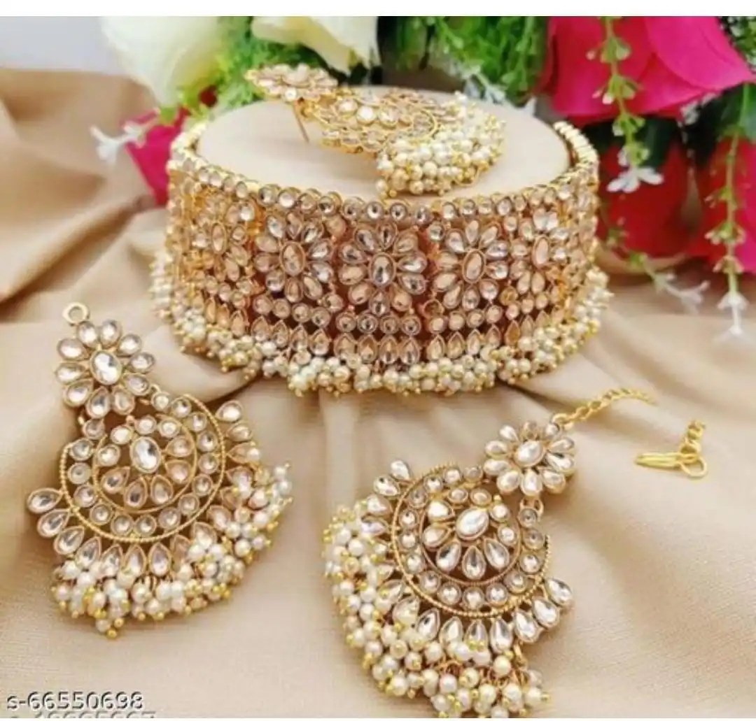 Indian Wholesale Jewelry Crystal Faux Pearl Maang Tikka With Chandbali