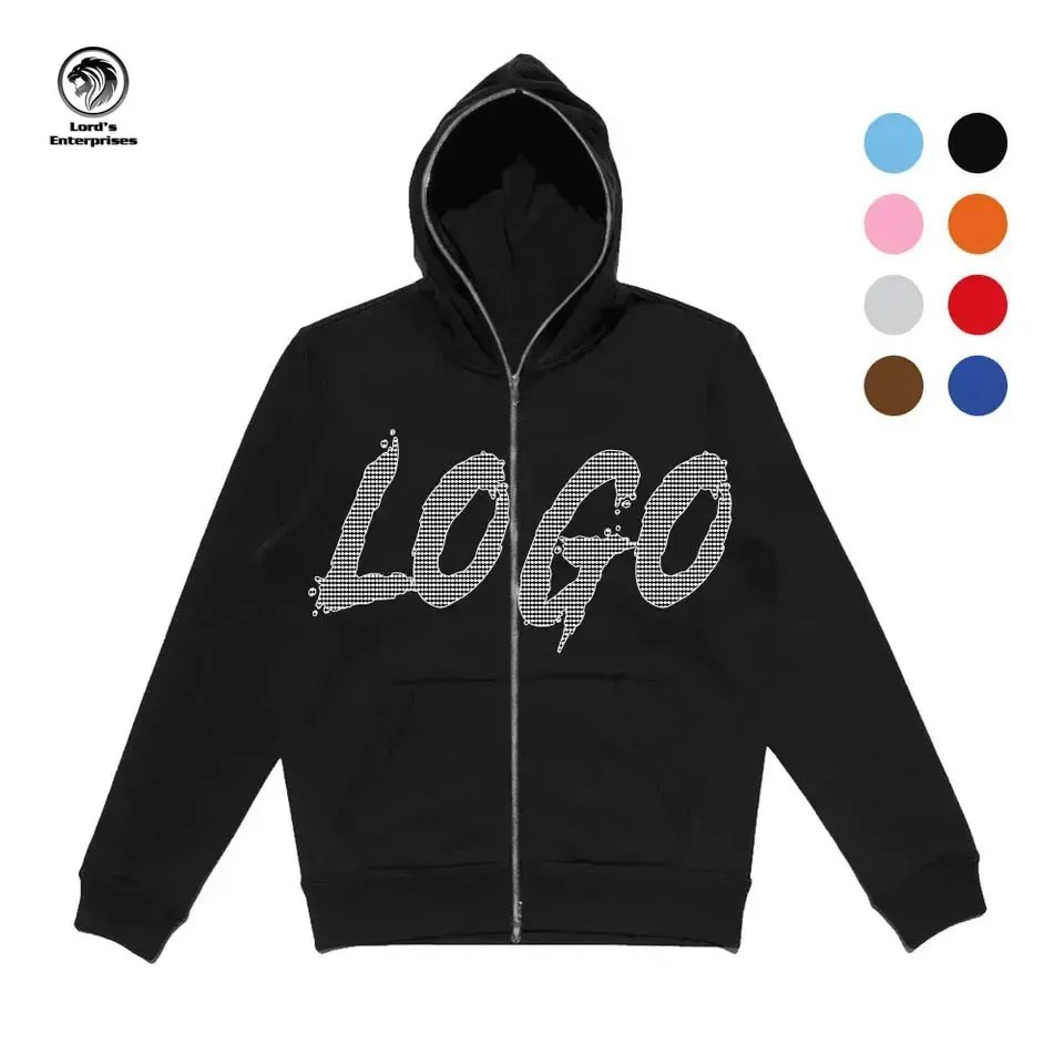 Custom Blank Rhinestone Transfer Full Face Zip Hoodie Thick Fleece Full