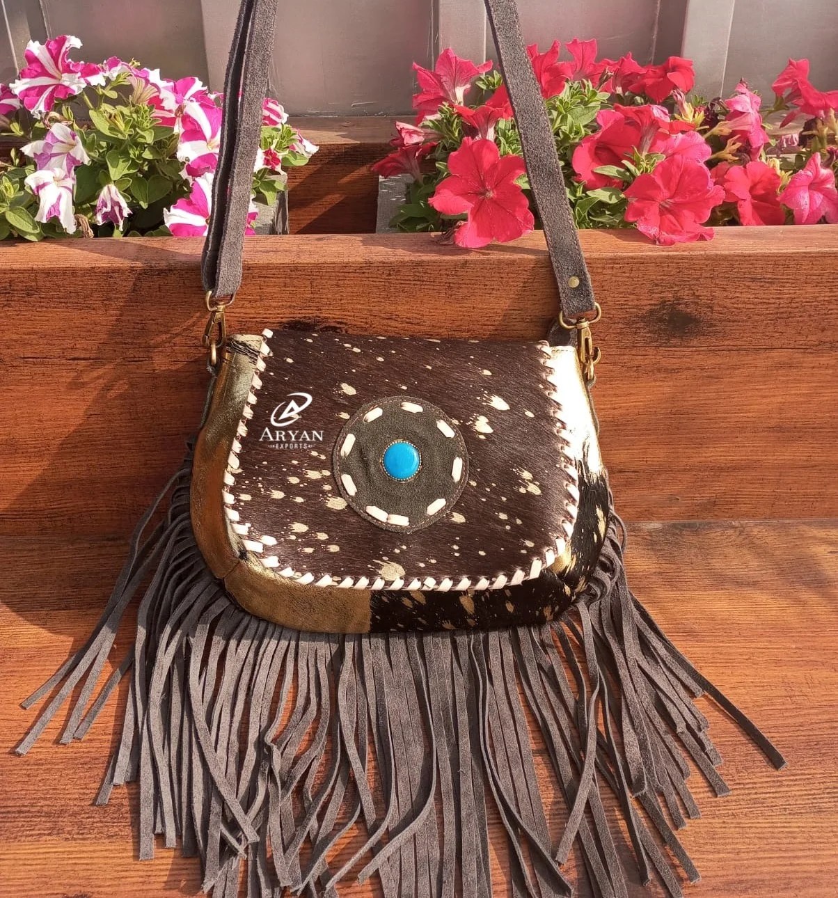 New Real Hair On Hide Metallic Fur Leather Crossbody Bag Western Style