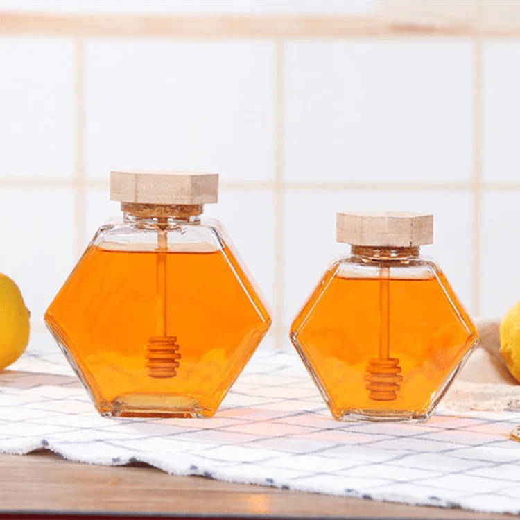 Bambus Wholesale Wooden Lid 250 Ml Mini Glass Hexagon Honey Jar With