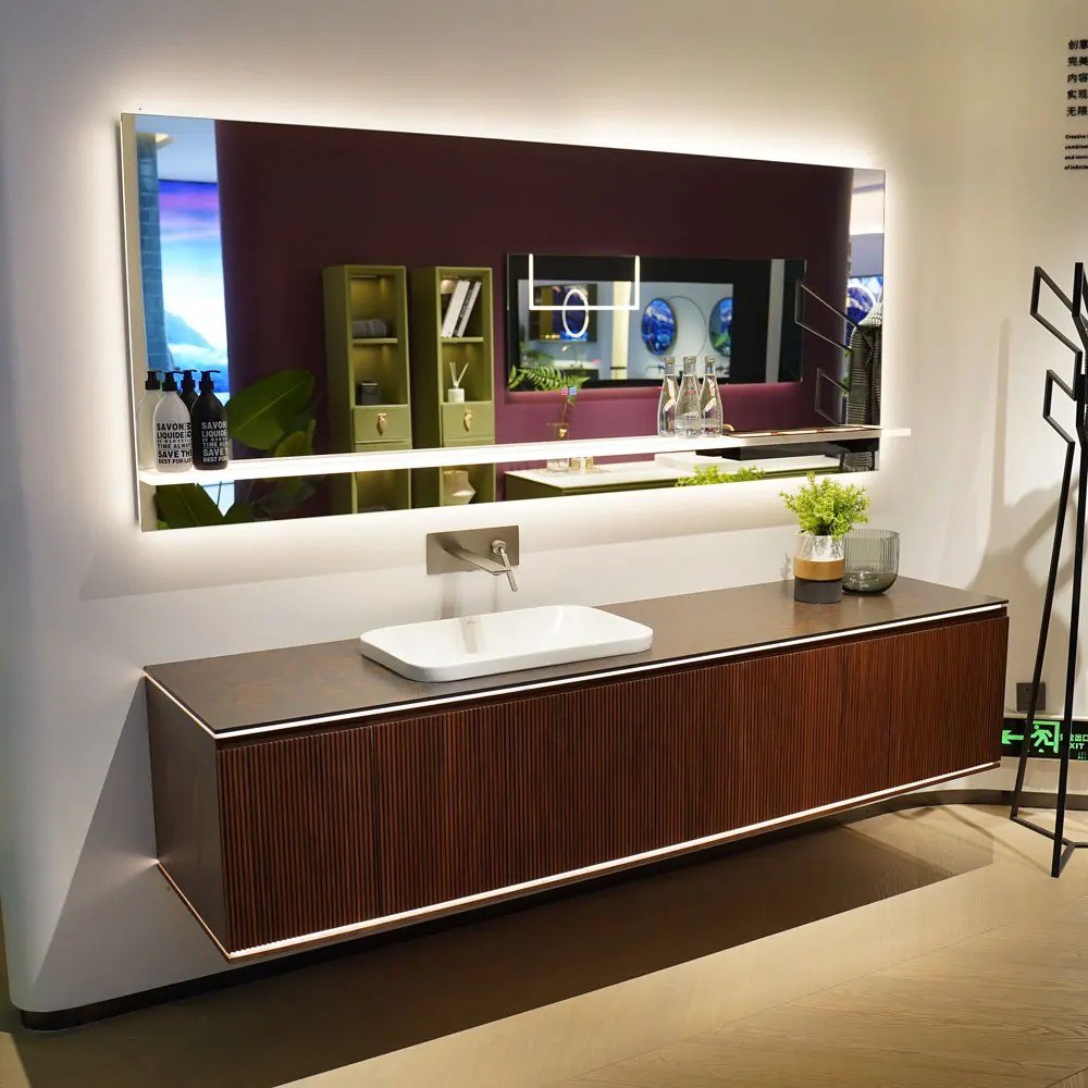 Black Walnut Bathroom Vanity With Modern Led Bath Smart Mirror Granite