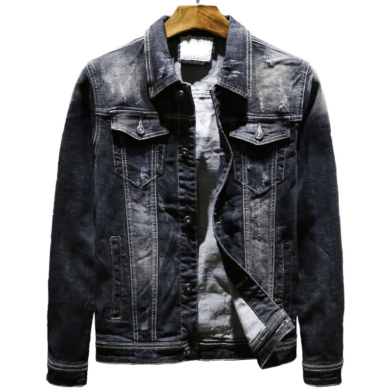 Wholesale Black Ripped Jean Jacket Mens Fashion Black Denim Jacket Men