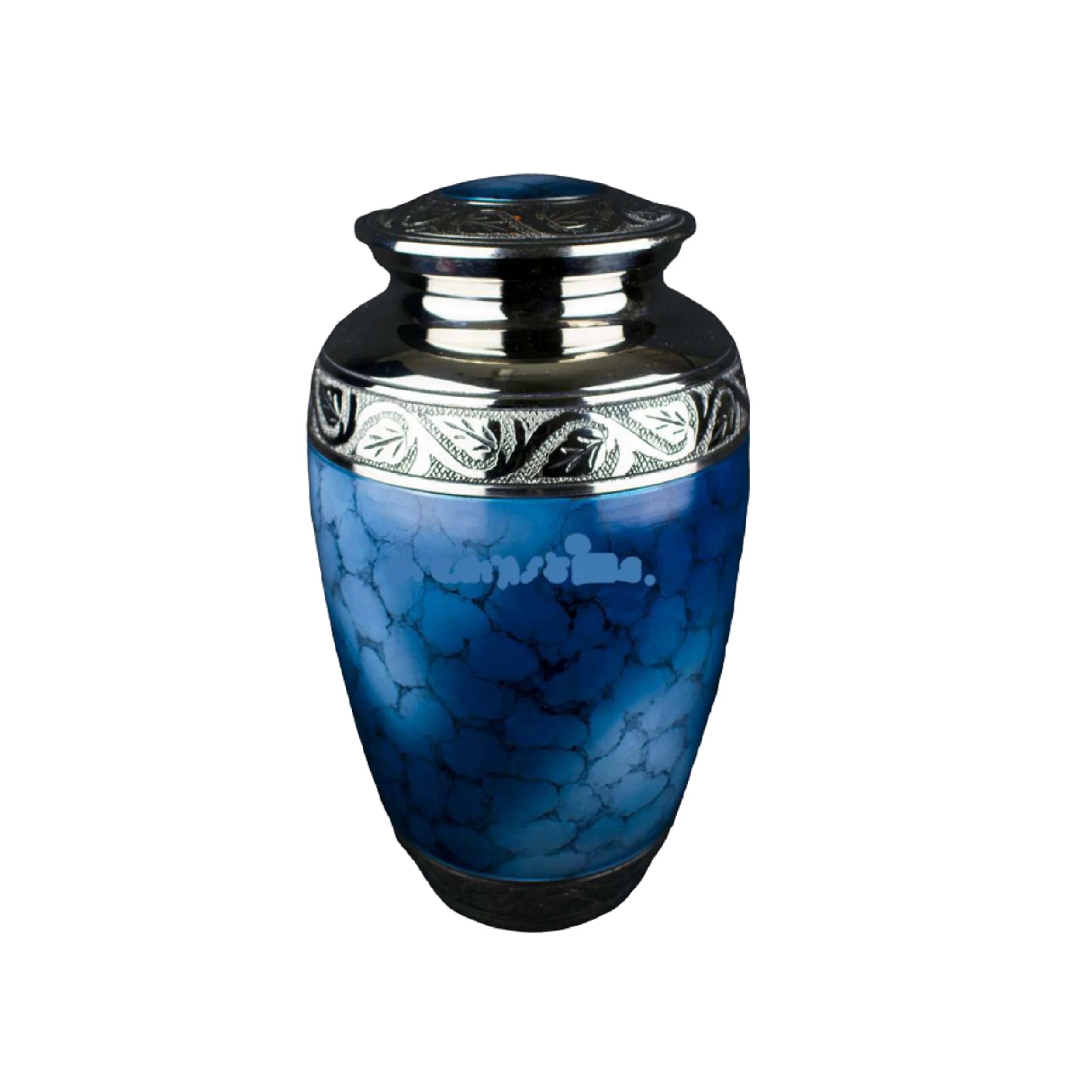 Solid Metallic Cremation Urn With Blue Fire Designed Keepsake Funeral