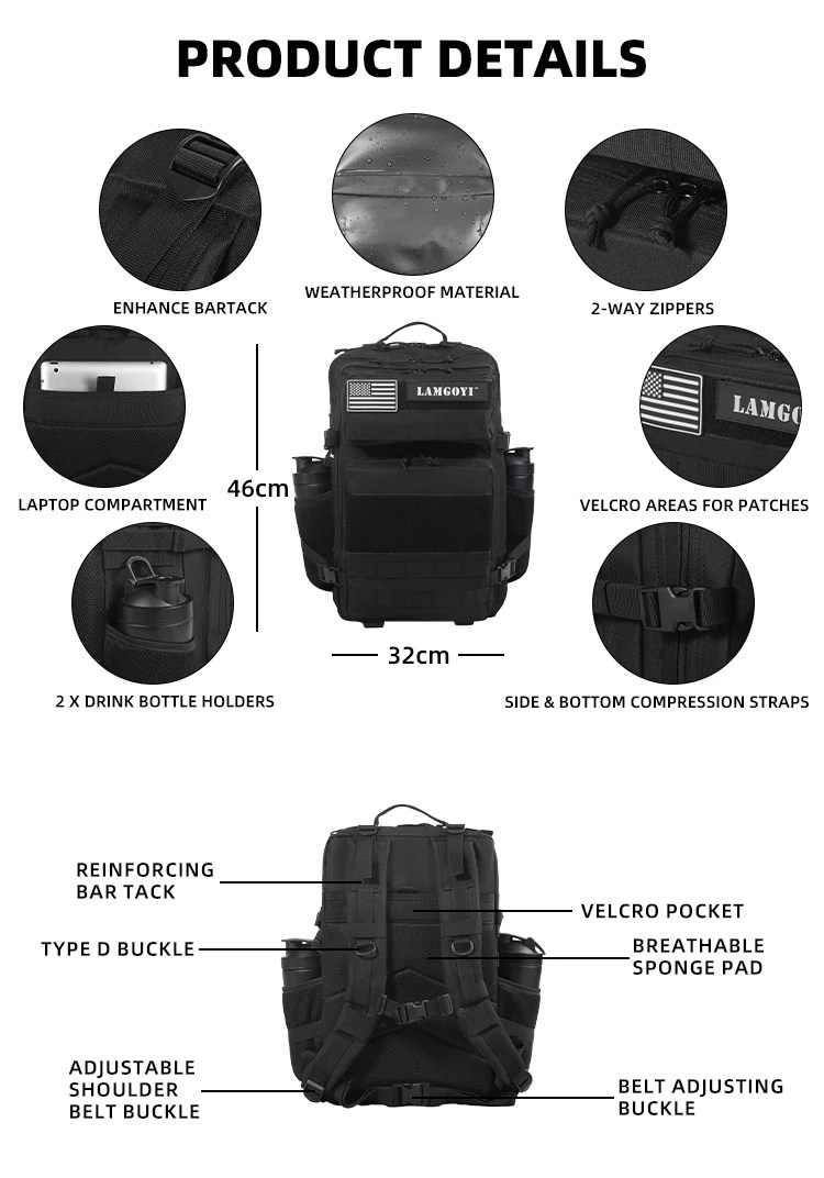 Multifunctional 45l Backpack Customize Logo Patches Crossfit Gym Sport Bag Bag Large Black