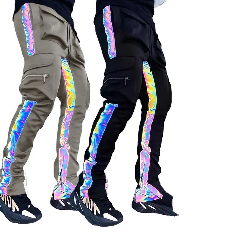 Men's 3m Reflector Stripe Track Pants Long Length Multi Pockets Slim