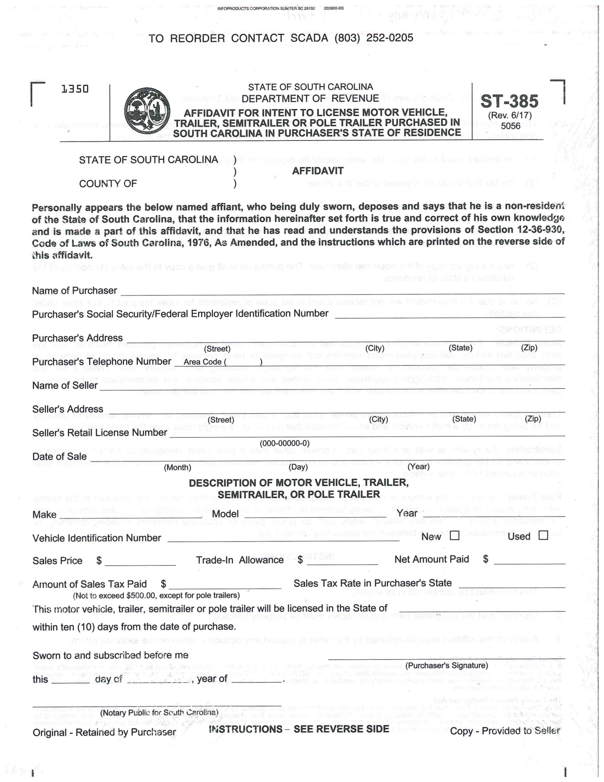 Affidavit for Intent to License Motor Vehicle (ST385) South Carolina