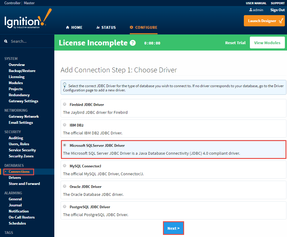 Connecting to Microsoft SQL Server Express Ignition User Manual 7.9