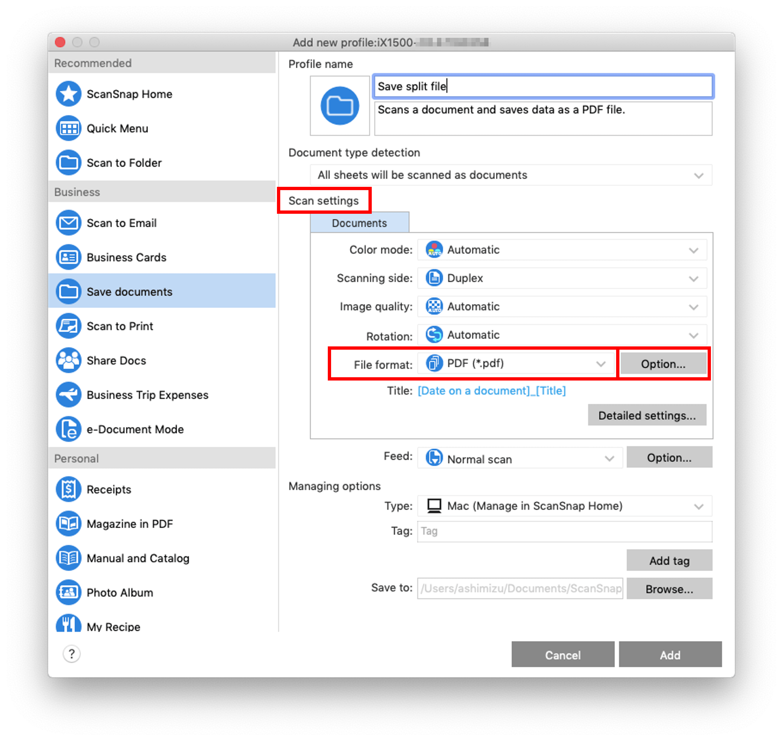 How can I scan multiple documents and save them as separated PDF files in a batch? ScanSnap
