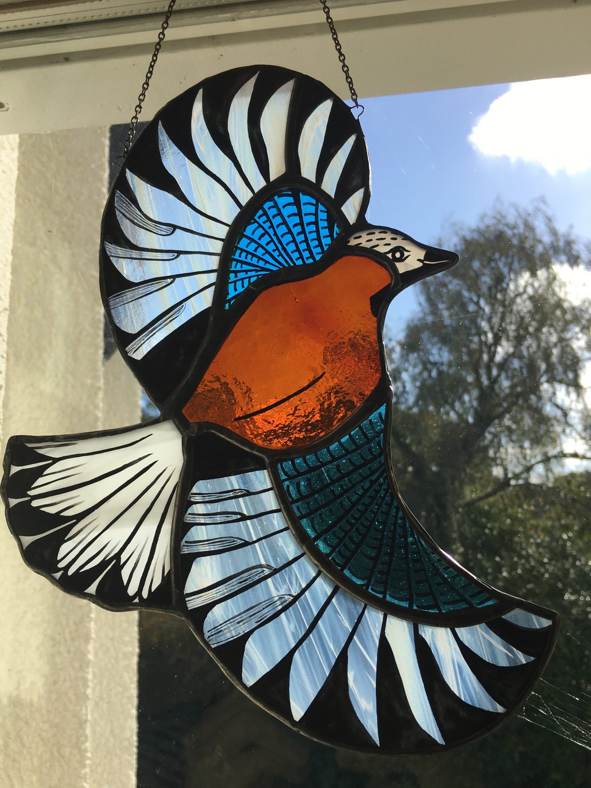 Jay bird in flight stained glass sun catcher