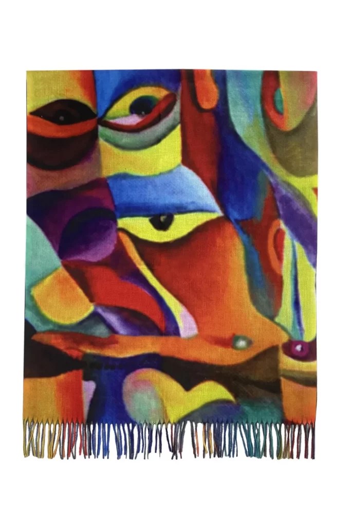 Art Impressionist Bright Abstract Face Print Wool Tassel Scarf Multi