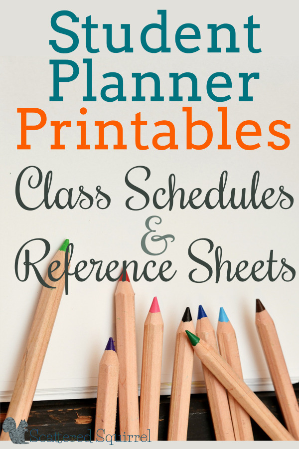 Student Planners Class Schedules and Reference Sheets