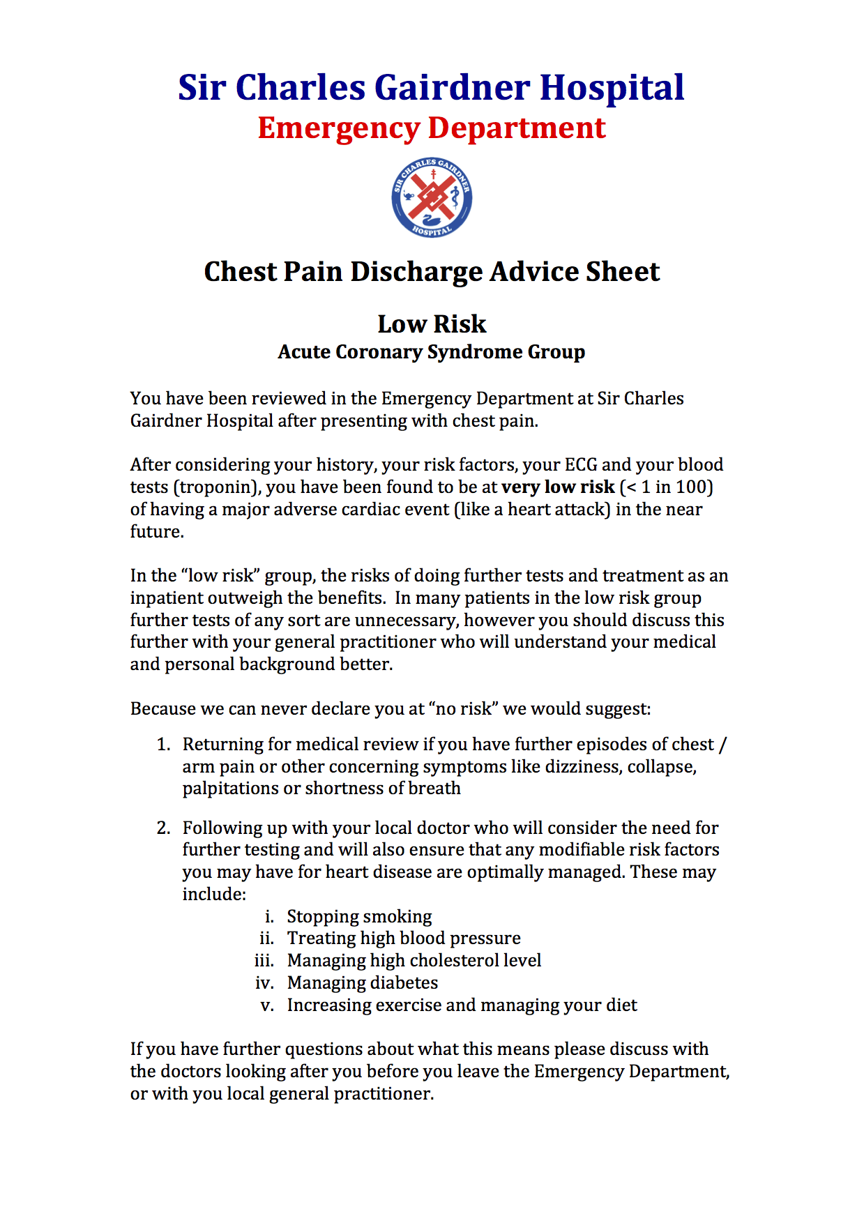 FINAL Low Risk Chest Pain Discharge Advice Charlie's ED