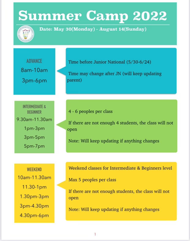 Summer Camp 2022 Weekly Registration Schafer Badminton Academy