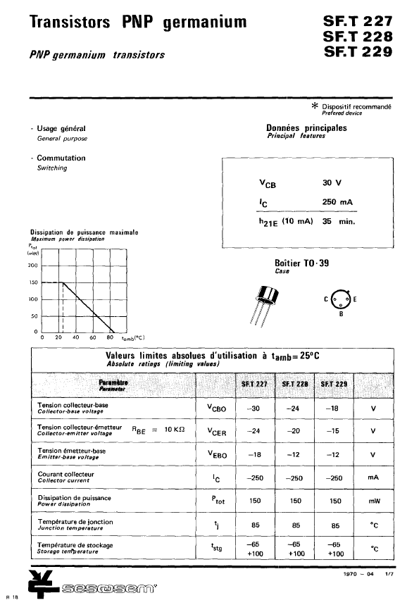 TRANSISTOR PNP GERMANIUM MODELE OBSOLETE SFT227 SESCOSEM