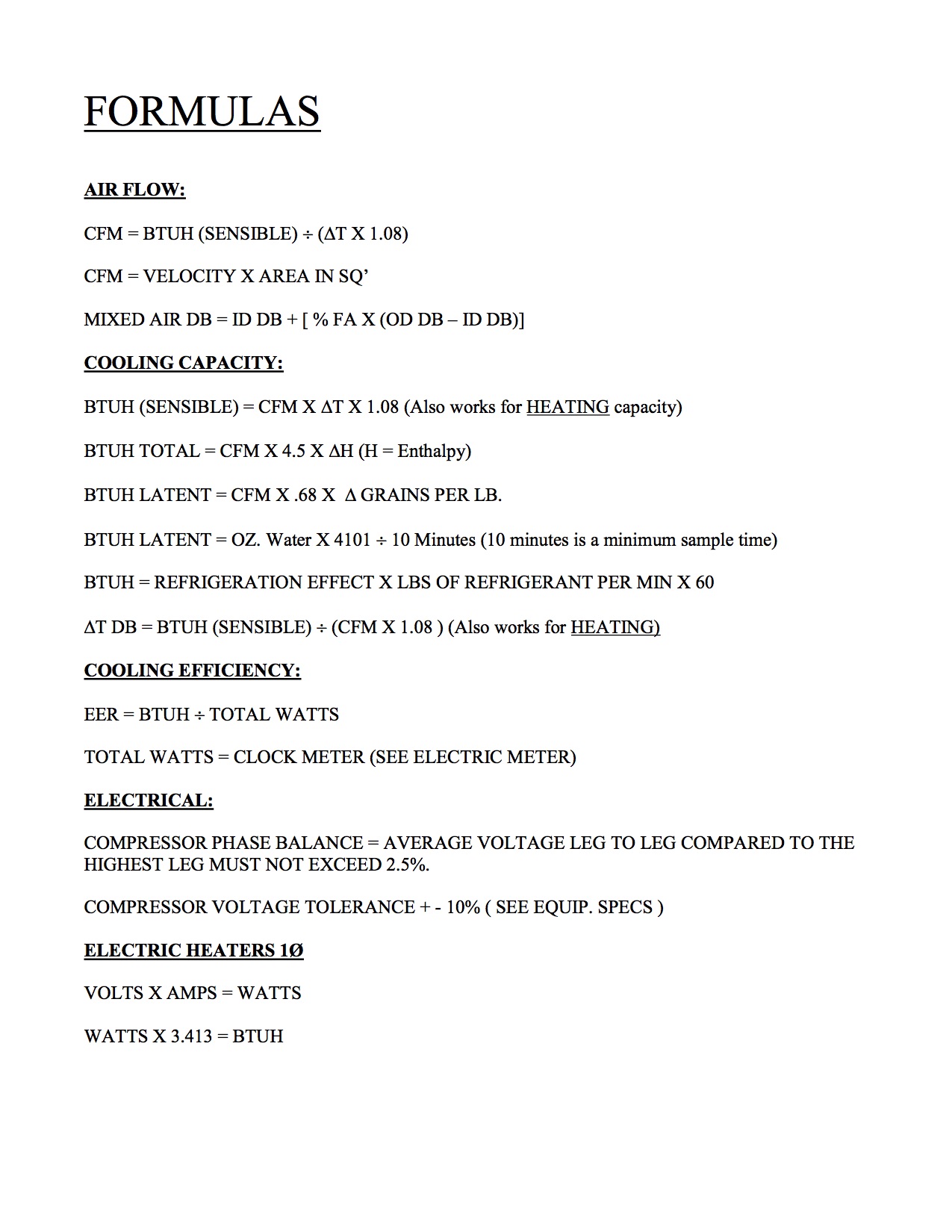 HVAC Formulas SCAHACC