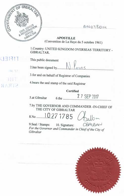 Extracts from commercial register of Gibraltar Schmidt & Schmidt