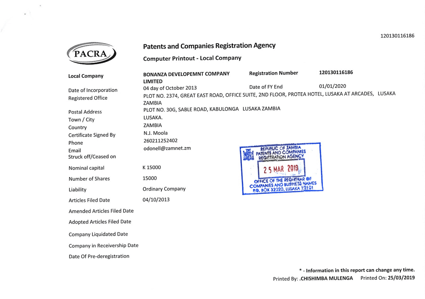 Extracts from commercial register of Zambia Schmidt & Schmidt