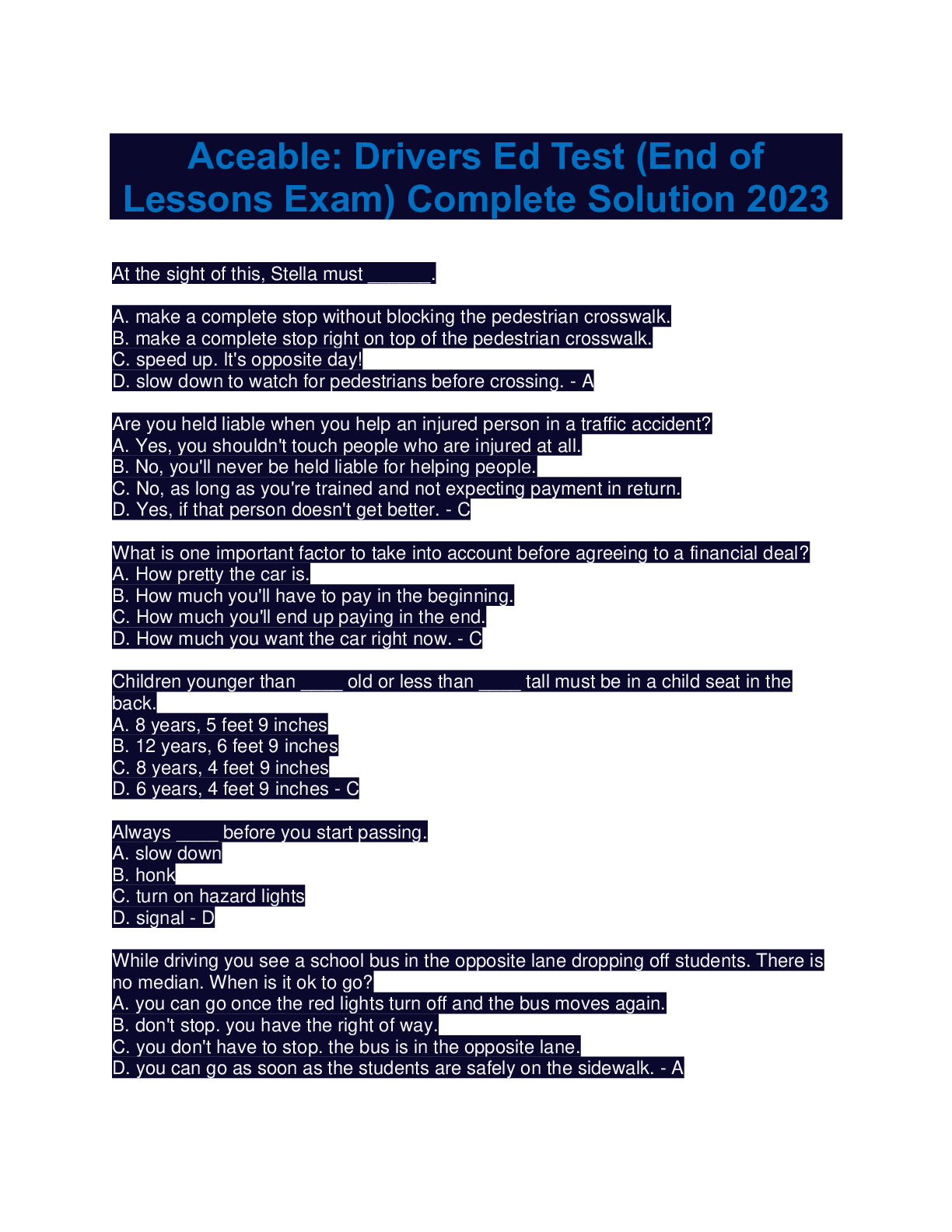 Aceable: Driver's Ed - Final Exam | 50 Questions with 100% Correct