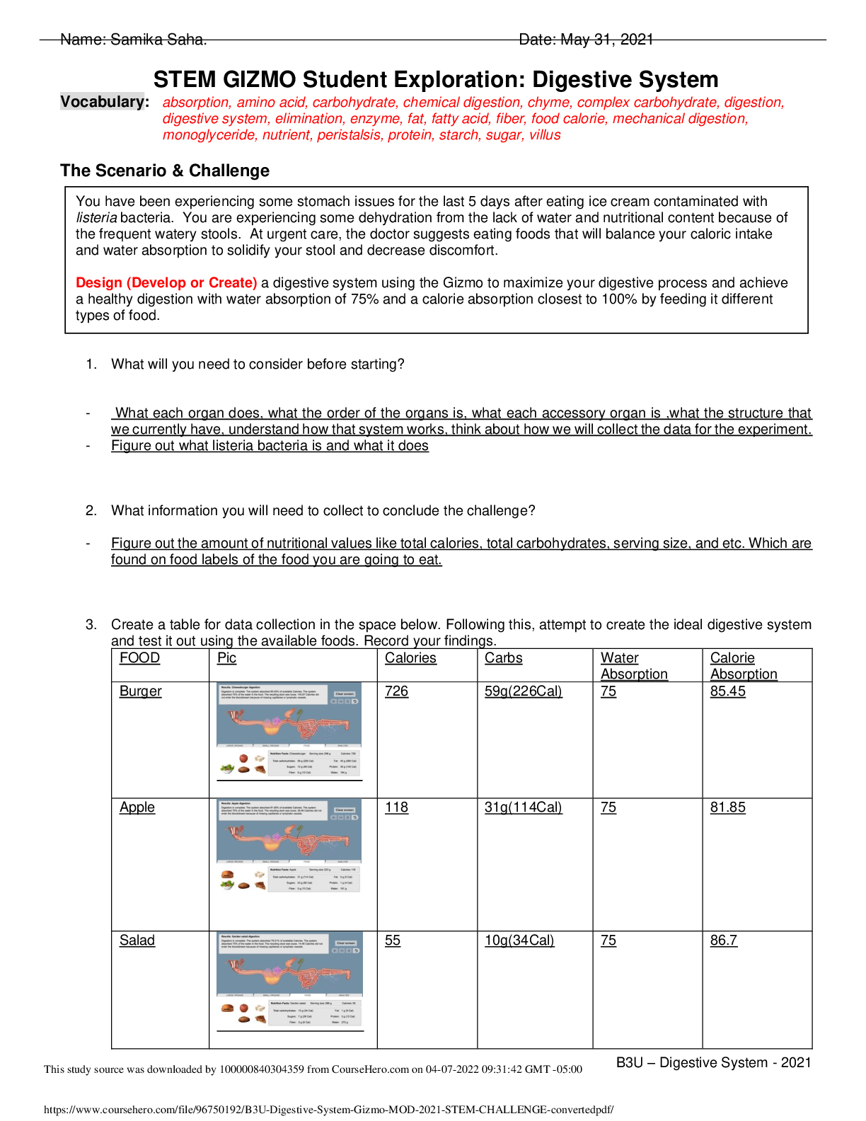 STEM GIZMO Student Exploration: Digestive System - Scholarfriends