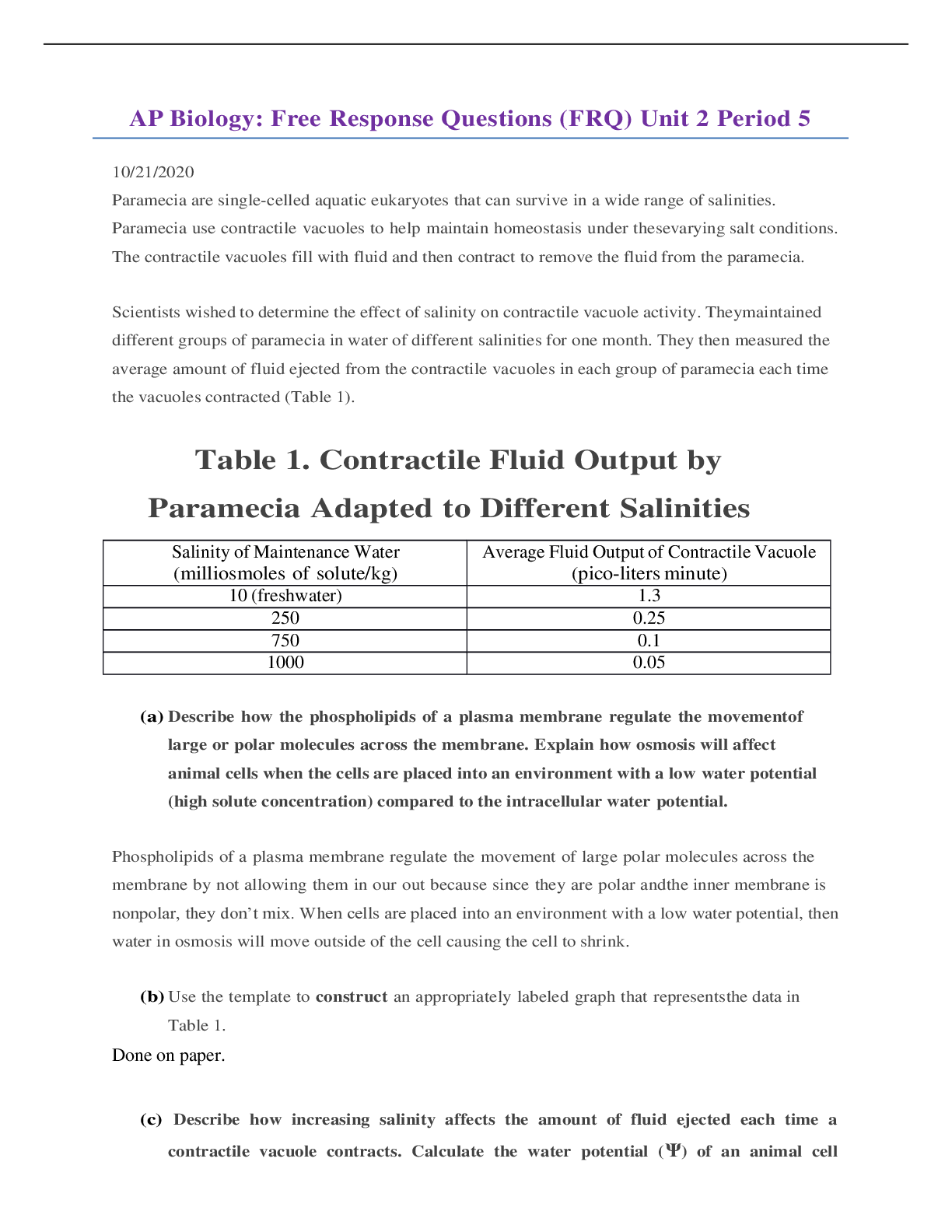 AP Biology: Free Response Questions (FRQ) Unit 2 Period 5. - Scholarfriends