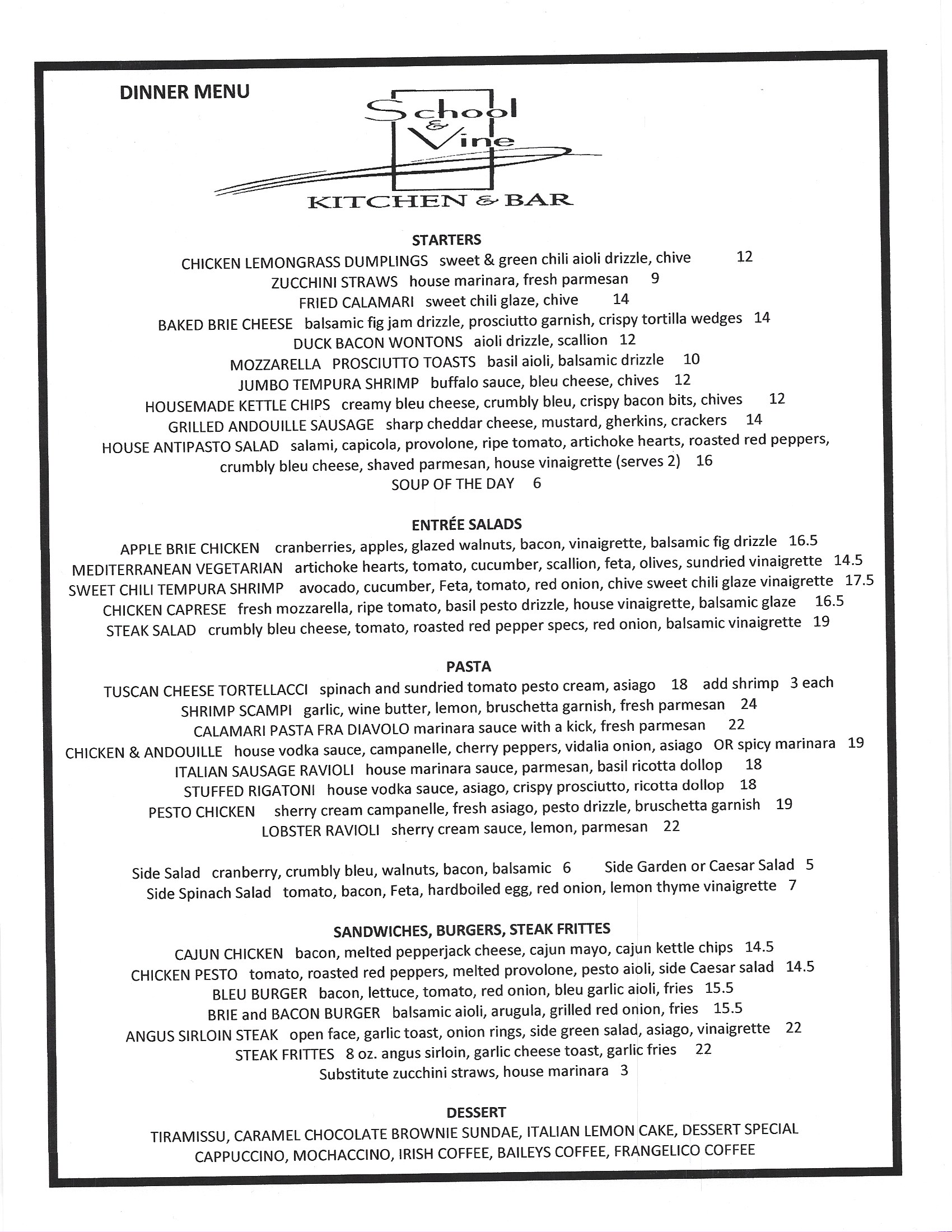 dinnermenu School and Vine Kitchen & Bar