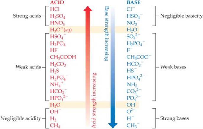 FIGURE 16.3 Relative strengths of select conjugate acidbase pairs. The