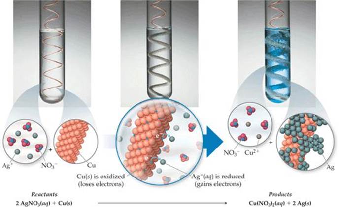 FIGURE 4.14 Reaction of copper metal with silver ion. When copper metal