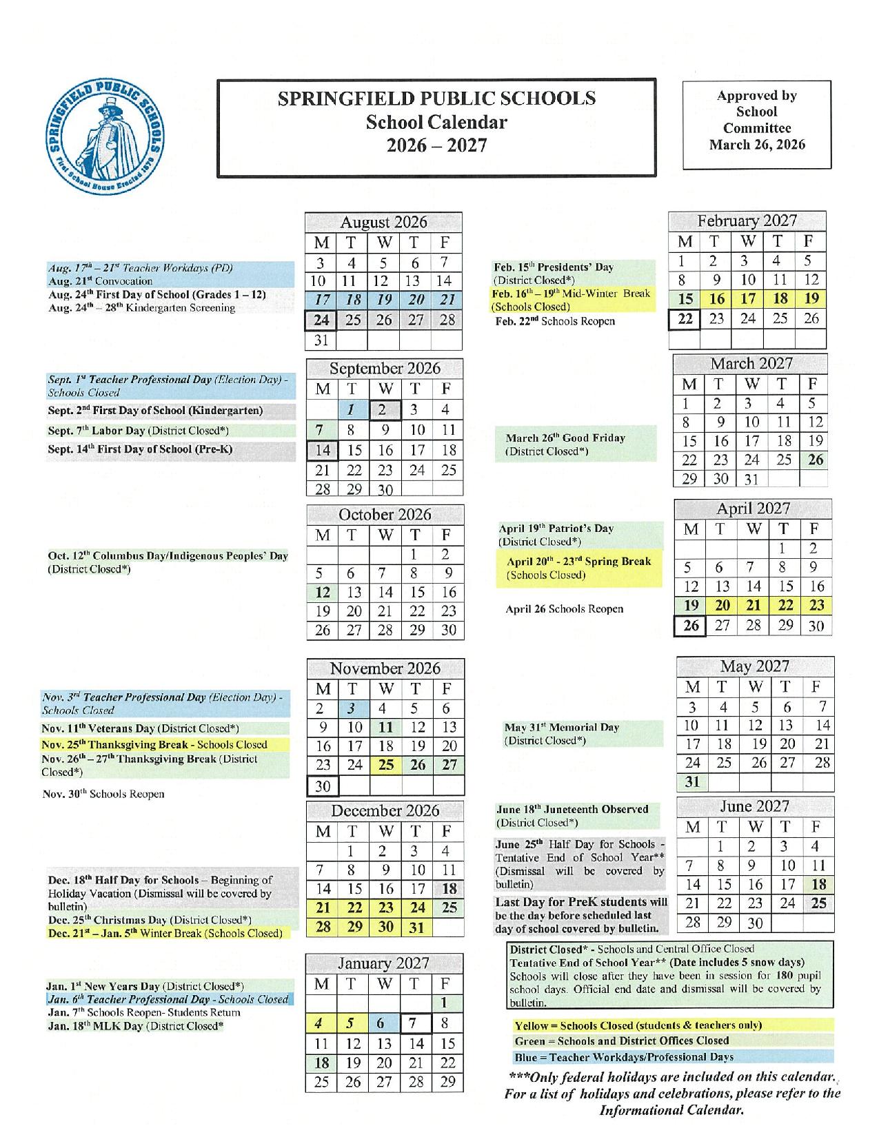 Springfield Public Schools Calendar 20262027 Missouri