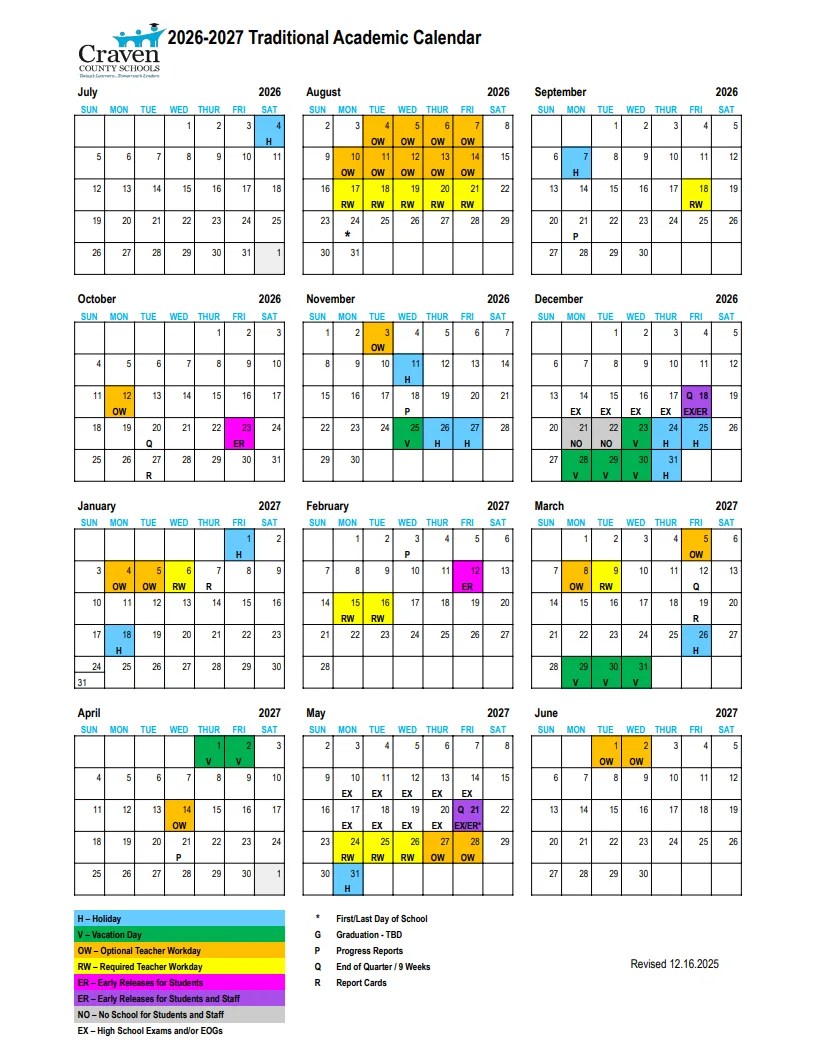 Craven County Schools Calendar 20262027 in PDF