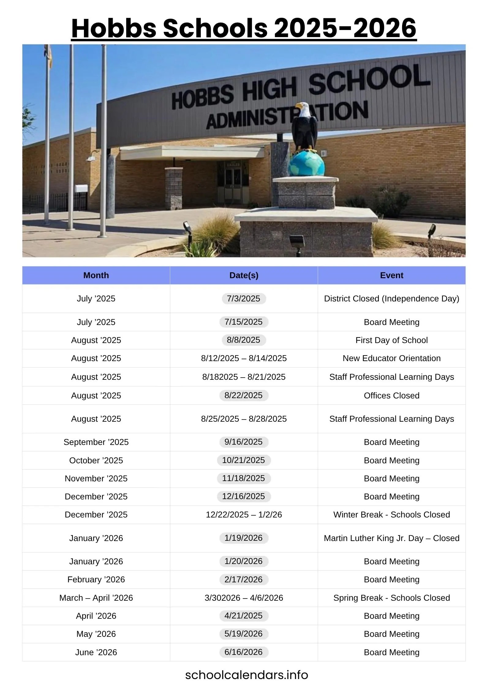 Hobbs Schools Calendar 20252026 [Holidays]