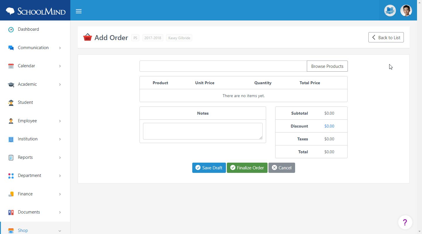 Creating an order SchoolMind