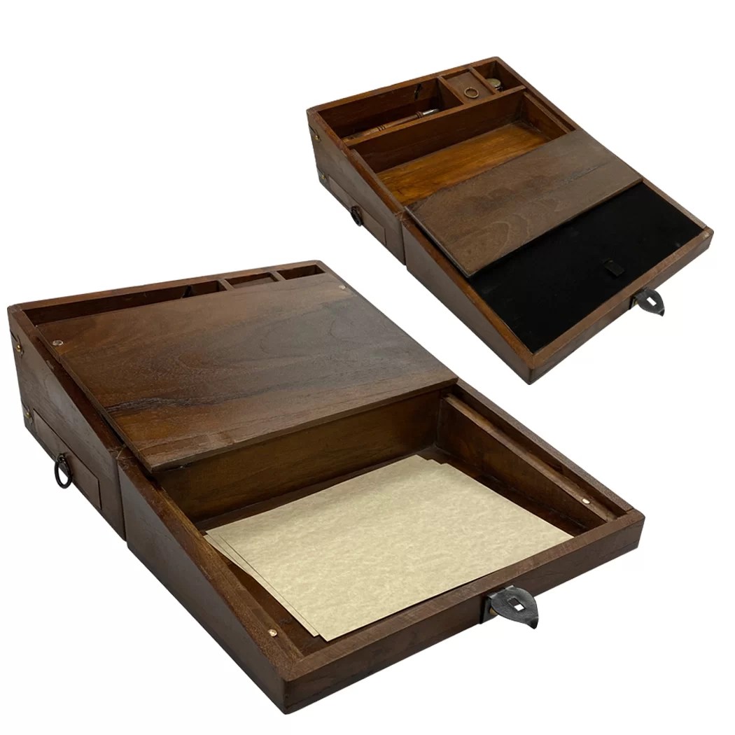 12″ Wooden Writing Lap Box with Inkwell Ink Nib Pen and Paper