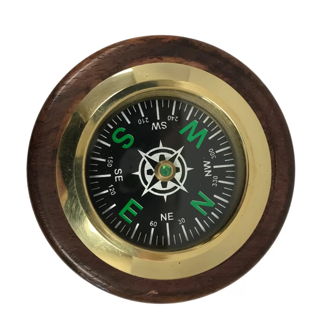 3" Polished Solid Brass Compass Antique Reproduction in Round Wood