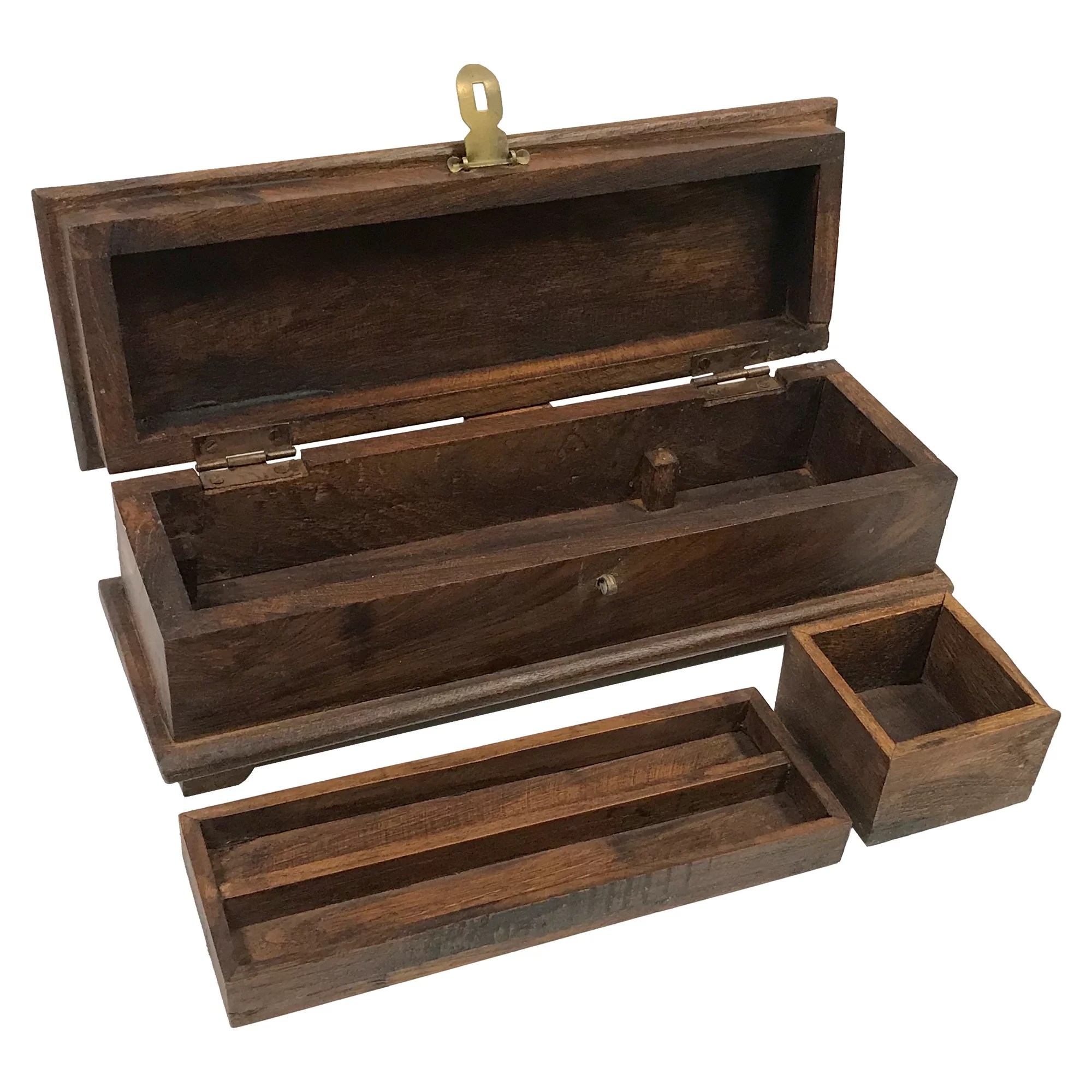 12″ Colonial Distressed Teak and Mango Wood Portable Writing Pen Box