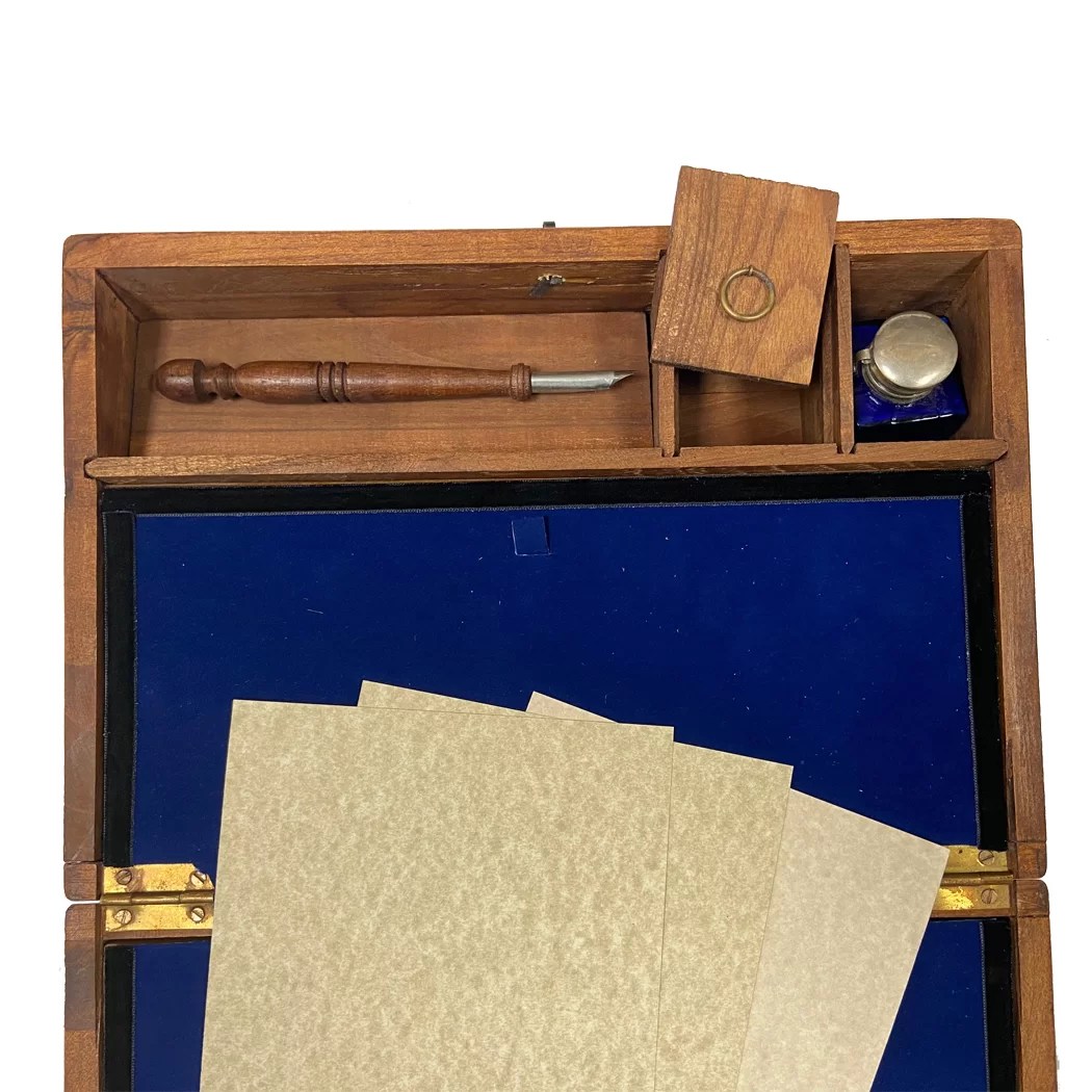 12" Wooden Writing Lap Box with Inkwell Ink Nib Pen and Paper