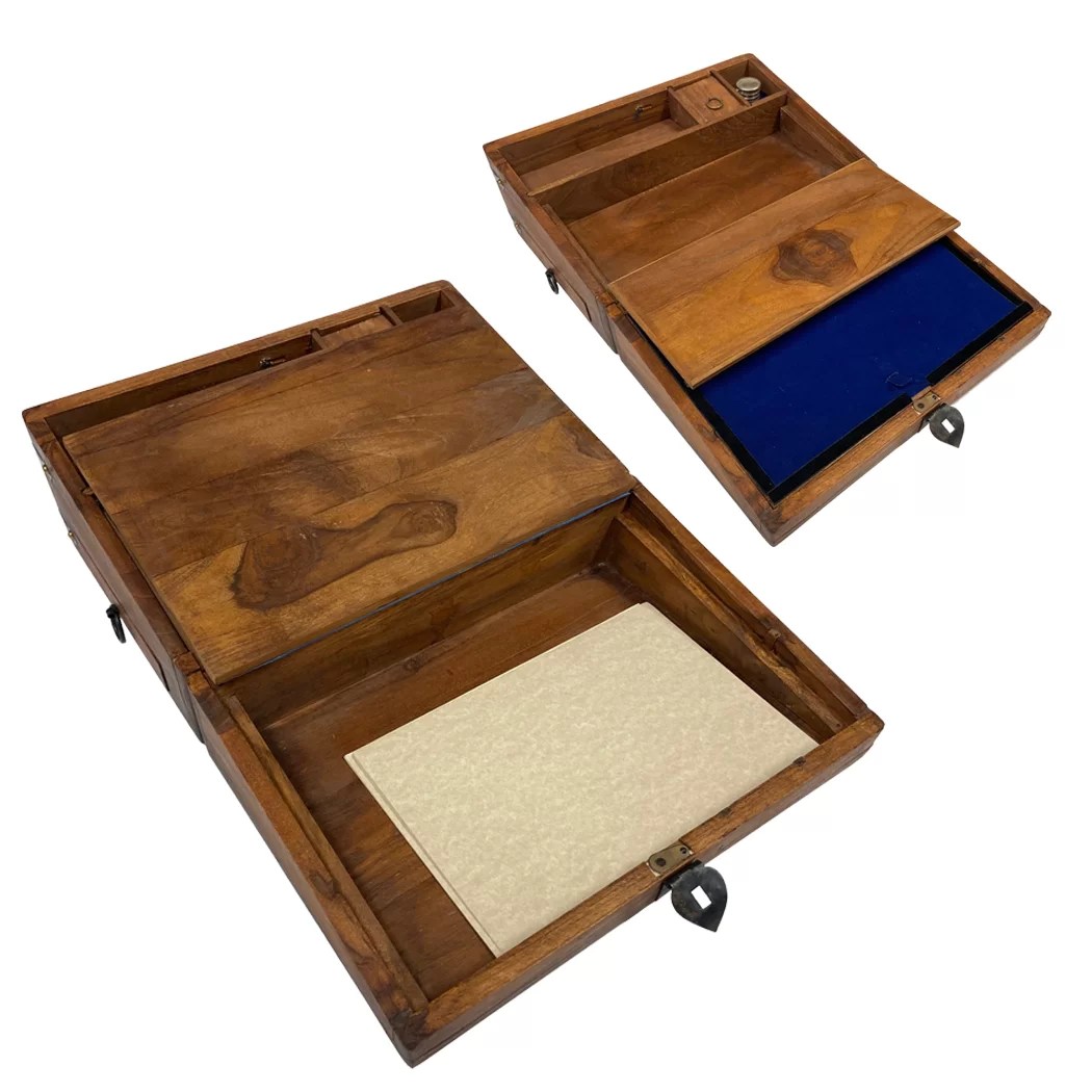 12" Wooden Writing Lap Box with Inkwell Ink Nib Pen and Paper