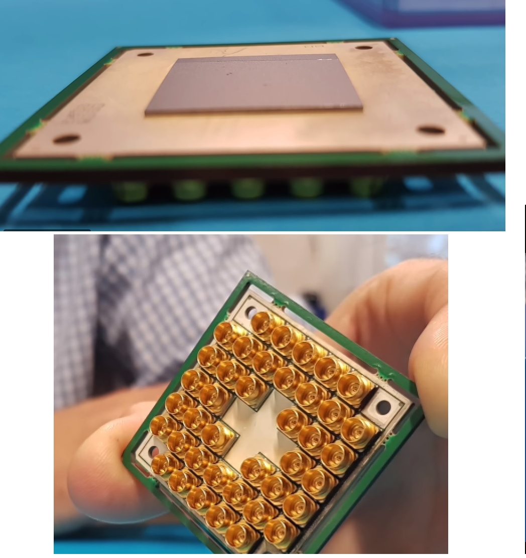 Intelの17 Qubitの量子コンピュータチップのパッケージ、インターフェースが半田ボールじゃなくて40個SMA