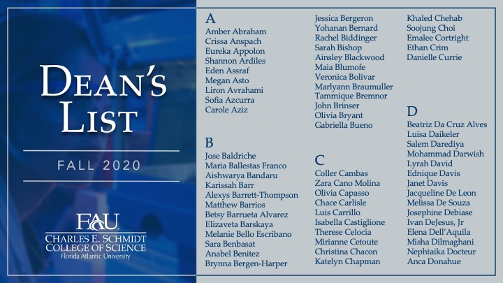 fall 2023 deans list Dean's List Florida Atlantic University Charles E. Schmidt College