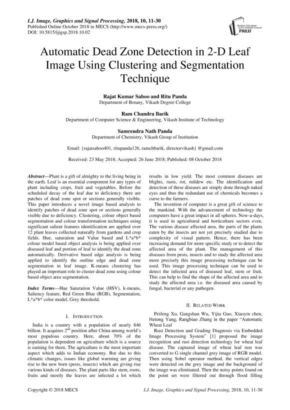 Automatic dead zone detection in 2D leaf image using clustering and segmentation technique